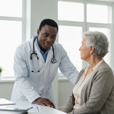 African American healthcare professional consulting with a patient in a modern, clean clinic setting